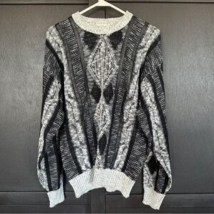 Vintage 1980s Leather Trim Chunky Knit Black and gray Crewneck Sweater size M